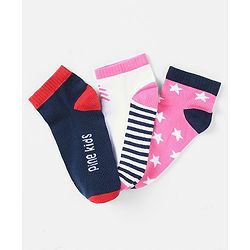 Pine Kids Cotton Nylon Ankle Length Socks Brand Text Stripes & Stars Design Pack of 3 - Red Black & White