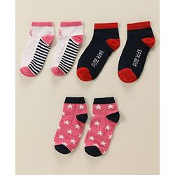 Pine Kids Cotton Nylon Ankle Length Socks Brand Text Stripes & Stars Design Pack of 3 - Red Black & White