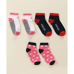 Pine Kids Cotton Nylon Ankle Length Socks Brand Text Stripes & Stars Design Pack of 3 - Red Black & White