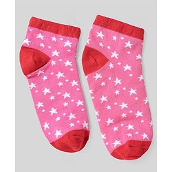 Pine Kids Cotton Knit Ankle Length Socks With Strips & Stars Print - Pink & Red