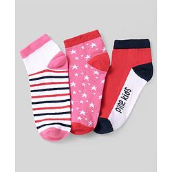 Pine Kids Cotton Knit Ankle Length Socks With Strips & Stars Print - Pink & Red