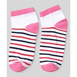 Pine Kids Cotton Knit Ankle Length Socks With Strips & Stars Print - Pink & Red