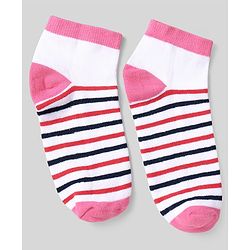 Pine Kids Cotton Knit Ankle Length Socks With Strips & Stars Print - Pink & Red