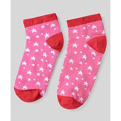 Pine Kids Cotton Knit Ankle Length Socks With Strips & Stars Print - Pink & Red