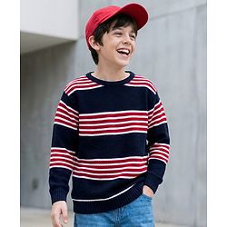 Pine Kids Full Sleeves Striped Pullover Sweater - Navy White & Red