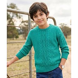 Pine Kids Knitted Full Sleeves Pullover Sweater with Cable Knit Design - Sea Green