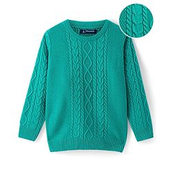 Pine Kids Knitted Full Sleeves Pullover Sweater with Cable Knit Design - Sea Green