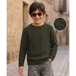 Pine Kids Full Sleeves Cable Knit Pullover - Olive Green