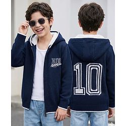 Pine kids Knitted Full Sleeves Hooded Front Open Sweater with Text Embroidery - Navy Blue