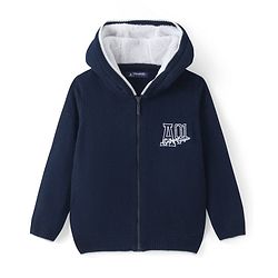 Pine kids Knitted Full Sleeves Hooded Front Open Sweater with Text Embroidery - Navy Blue
