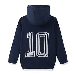 Pine kids Knitted Full Sleeves Hooded Front Open Sweater with Text Embroidery - Navy Blue