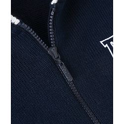 Pine kids Knitted Full Sleeves Hooded Front Open Sweater with Text Embroidery - Navy Blue