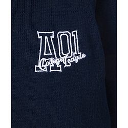 Pine kids Knitted Full Sleeves Hooded Front Open Sweater with Text Embroidery - Navy Blue