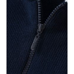 Pine kids Knitted Full Sleeves Hooded Front Open Sweater with Text Embroidery - Navy Blue