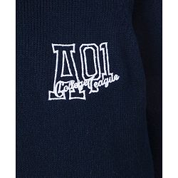 Pine kids Knitted Full Sleeves Hooded Front Open Sweater with Text Embroidery - Navy Blue