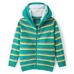 Pine Kids Full Sleeves Front Open  Hood Sweater With Stripes - Mint Green
