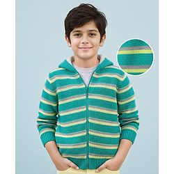 Pine Kids Full Sleeves Front Open  Hood Sweater With Stripes - Mint Green
