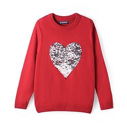 Pine Kids Knitted Full Sleeves Pullover Sweater with Reversible Heart Sequin Design - Red
