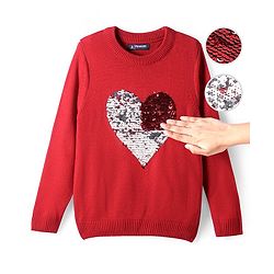 Pine Kids Knitted Full Sleeves Pullover Sweater with Reversible Heart Sequin Design - Red