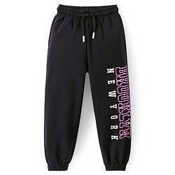 Pine Kids Cotton Knit Full Length Lounge Pant With Text Print - Black