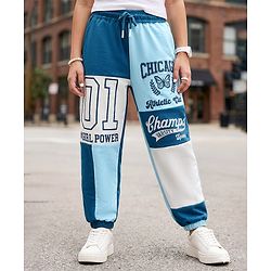 Pine Kids Cotton Knit Full Length Lounge Pant With Text Print - Blue & White