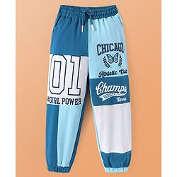 Pine Kids Cotton Knit Full Length Lounge Pant With Text Print - Blue & White