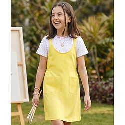 Pine Kids Cotton Knit Solid Frock With Polka Dot Printed Inner Tee - Yellow
