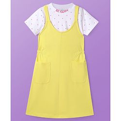 Pine Kids Cotton Knit Solid Frock With Polka Dot Printed Inner Tee - Yellow