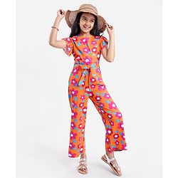 Pine Kids Cotton Knit Frill Sleeves Full Length Jumpsuit Floral Print - Orange