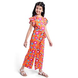 Pine Kids Cotton Knit Frill Sleeves Full Length Jumpsuit Floral Print - Orange