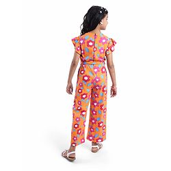 Pine Kids Cotton Knit Frill Sleeves Full Length Jumpsuit Floral Print - Orange