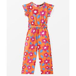 Pine Kids Cotton Knit Frill Sleeves Full Length Jumpsuit Floral Print - Orange