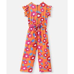 Pine Kids Cotton Knit Frill Sleeves Full Length Jumpsuit Floral Print - Orange