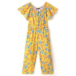 Pine Kids Cotton Knit Flutter Sleeves Jumpsuit Floral Print - Yellow