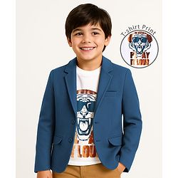 Pine Kids Knit Full Sleeves Blazer With Tiger Printed T-Shirt - Royal Blue & White