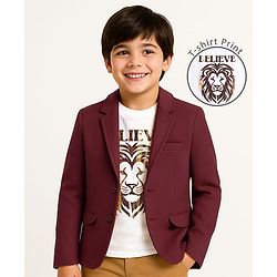 Pine Kids Knit Full Sleeves Solid Color Blazer with Half Sleeves Lion Printed T-Shirt - Maroon