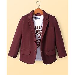 Pine Kids Knit Full Sleeves Solid Color Blazer with Half Sleeves Lion Printed T-Shirt - Maroon