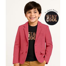 Pine Kids Knit Full Sleeves Solid Colour Blazer & Foil Text Printed T-Shirt- Dark Pink & Black