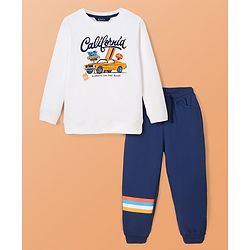 Pine Kids Cotton Knit Full Sleeves Sweatshirt & Joggers Set with Text Print - Navy Blue
