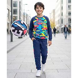 Pine Kids Cotton Knit Full Raglan Sleeves Text Printed T-Shirt & Jogger Set - Navy Blue
