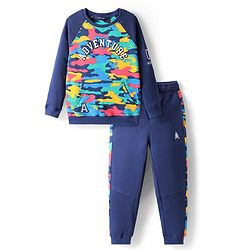 Pine Kids Cotton Knit Full Raglan Sleeves Text Printed T-Shirt & Jogger Set - Navy Blue