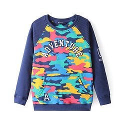 Pine Kids Cotton Knit Full Raglan Sleeves Text Printed T-Shirt & Jogger Set - Navy Blue