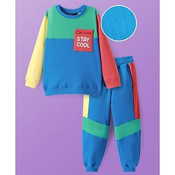 Pine Kids Cotton Knit Full Sleeves Cut & Sew Sweatshirt & Joggers Set with Text Print - Blue & Green