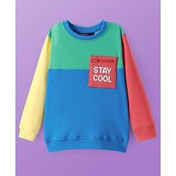 Pine Kids Cotton Knit Full Sleeves Cut & Sew Sweatshirt & Joggers Set with Text Print - Blue & Green