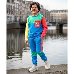 Pine Kids Cotton Knit Full Sleeves Cut & Sew Sweatshirt & Joggers Set with Text Print - Blue & Green