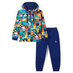 Pine Kids Cotton Knit Full Sleeves Hooded Sweatshirt & Joggers Set with Abstract Print & Kangaroo Pockets -  Navy Blue