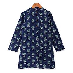 Pine Kids Cotton Woven Full Sleeves Kurta with Floral Print - Navy Blue