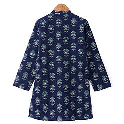 Pine Kids Cotton Woven Full Sleeves Kurta with Floral Print - Navy Blue