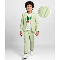 Pine Kids Knit Full Sleeves Solid Blazer with Trouser & Printed T-Shirt - Light Green