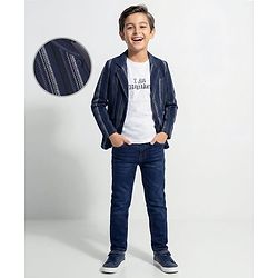 Pine Kids Knit Text Printed T-Shirt & Jeans with Full Sleeves Blazer - Navy Blue & White